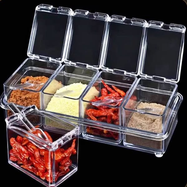 Organizador de condimentos con cuatro compartimentos transparentes